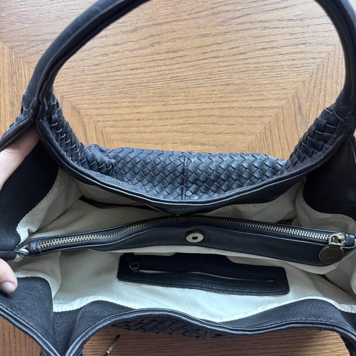 Hayden black faux leather woven bucket bag shoulder bag