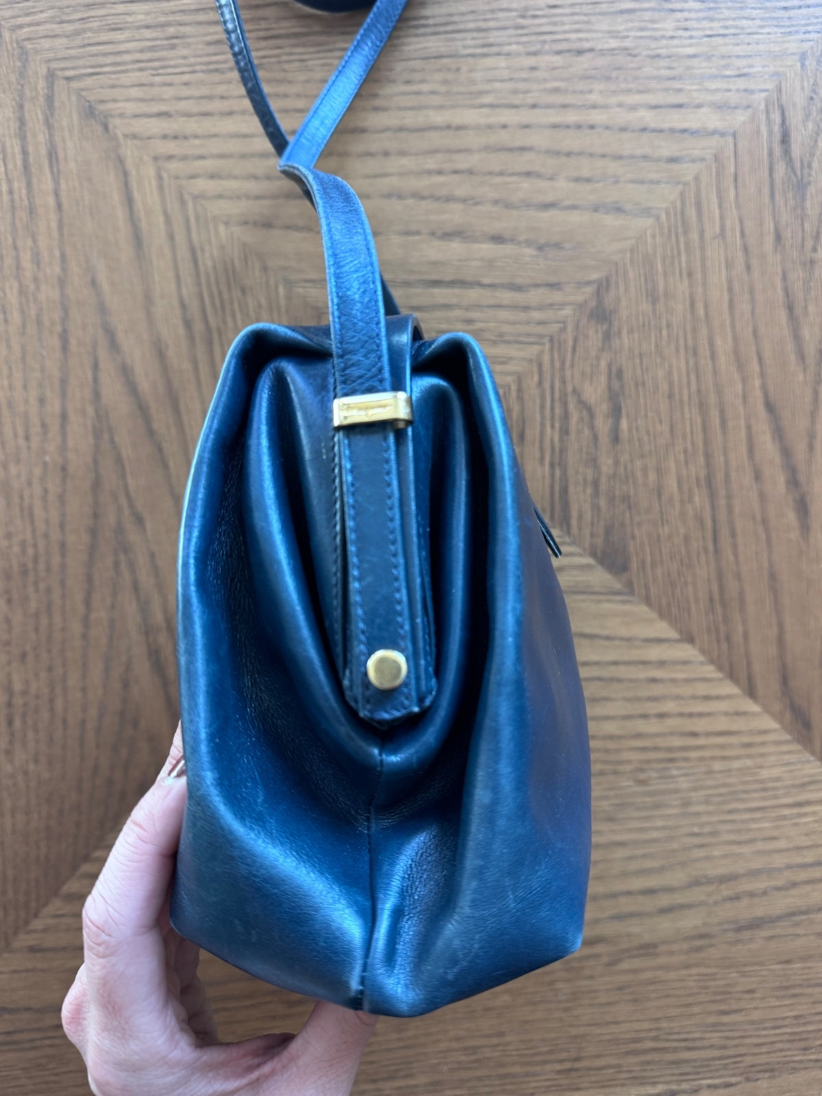 Vintage Salvatore Ferragamo navy leather shoulder bag