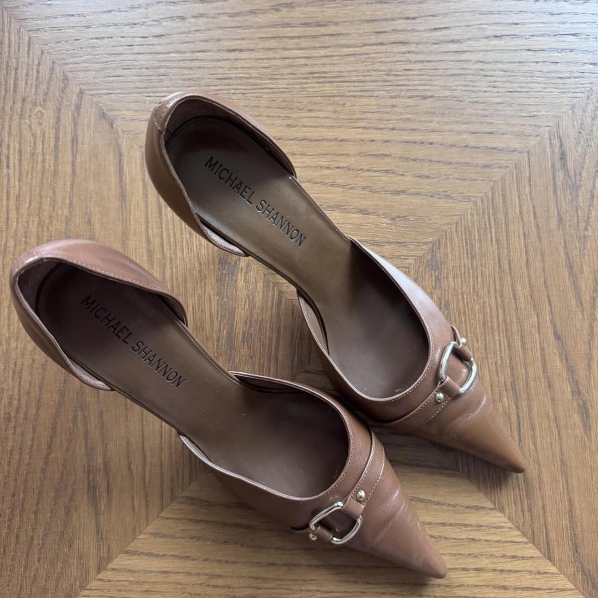 Michael Shannon brown leather pointed toe heels 10