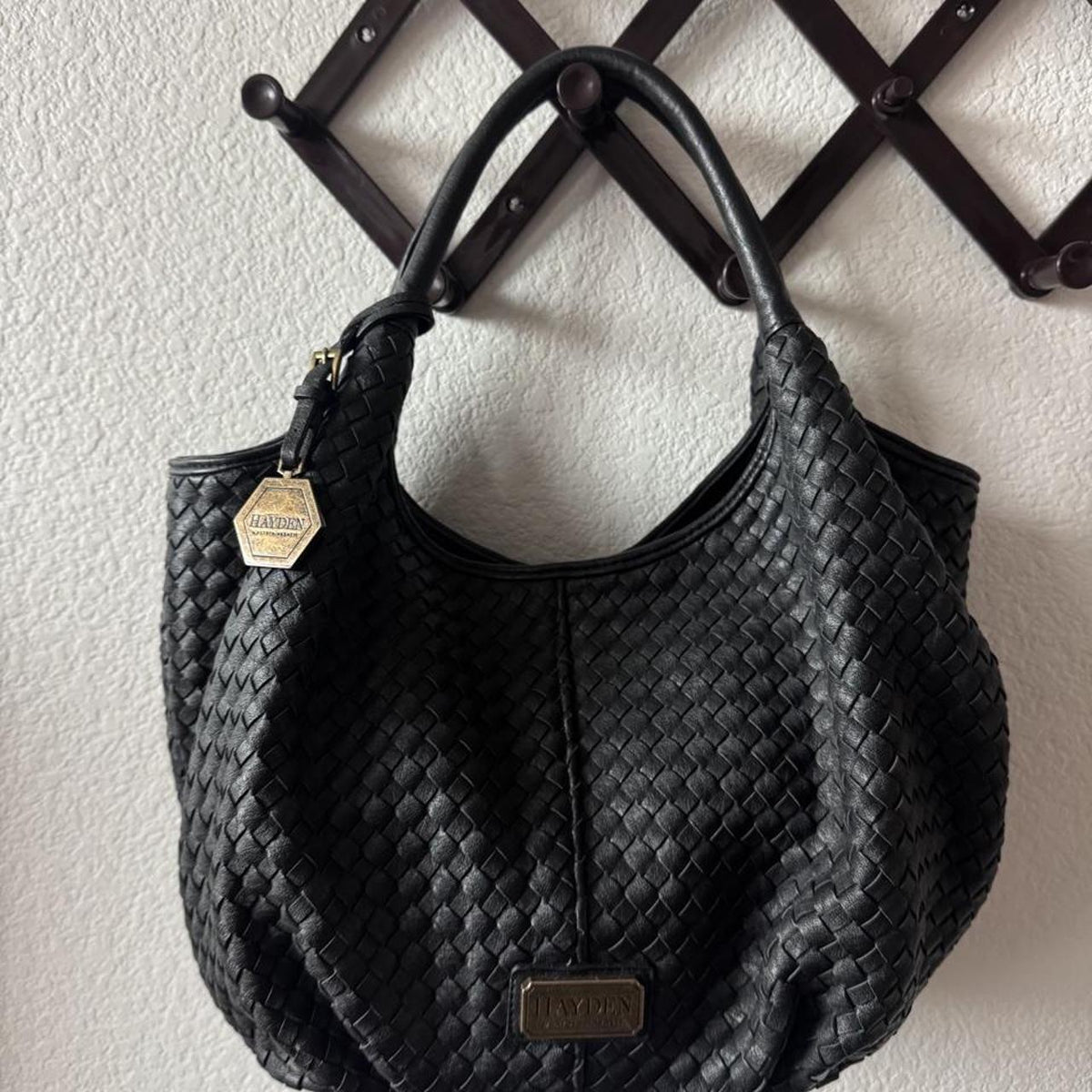 Hayden black faux leather woven bucket bag shoulder bag