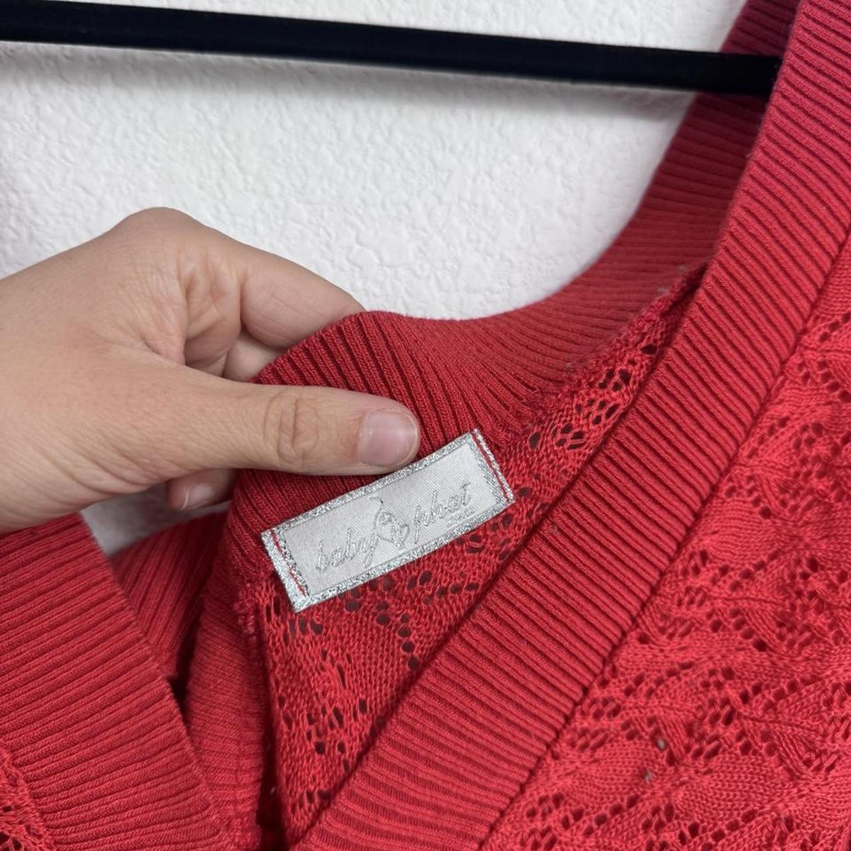 Baby Phat red/pink crochet deep neck top with bell sleeves