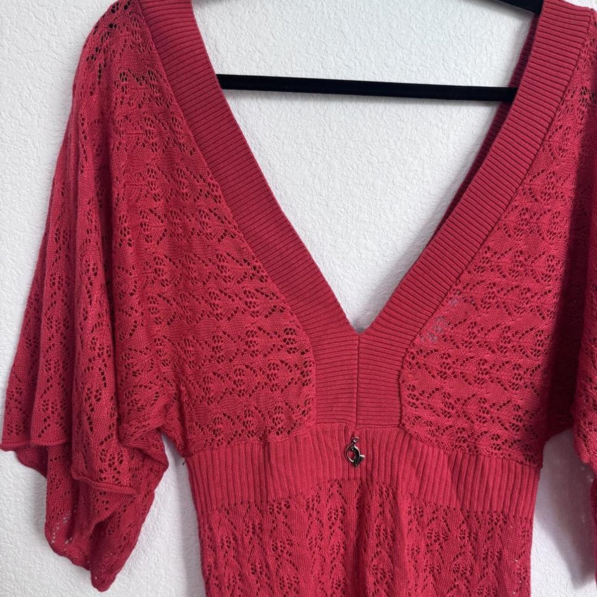 Baby Phat red/pink crochet deep neck top with bell sleeves