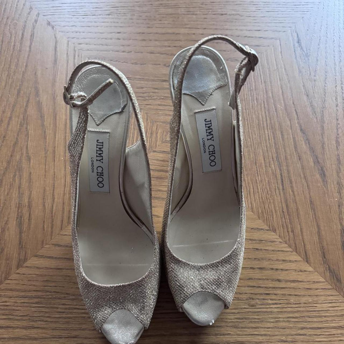 Jimmy Choo gold glitter open toe sling back heels 8.5