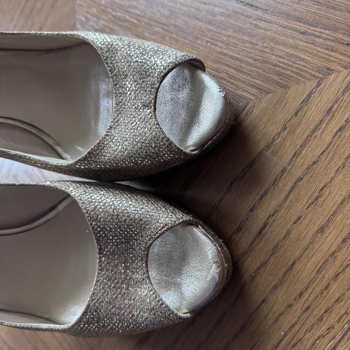 Jimmy Choo gold glitter open toe sling back heels 8.5