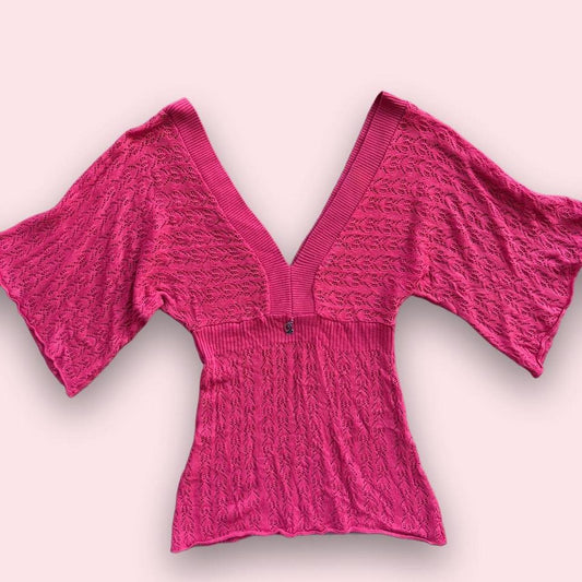 Baby Phat red/pink crochet deep neck top with bell sleeves