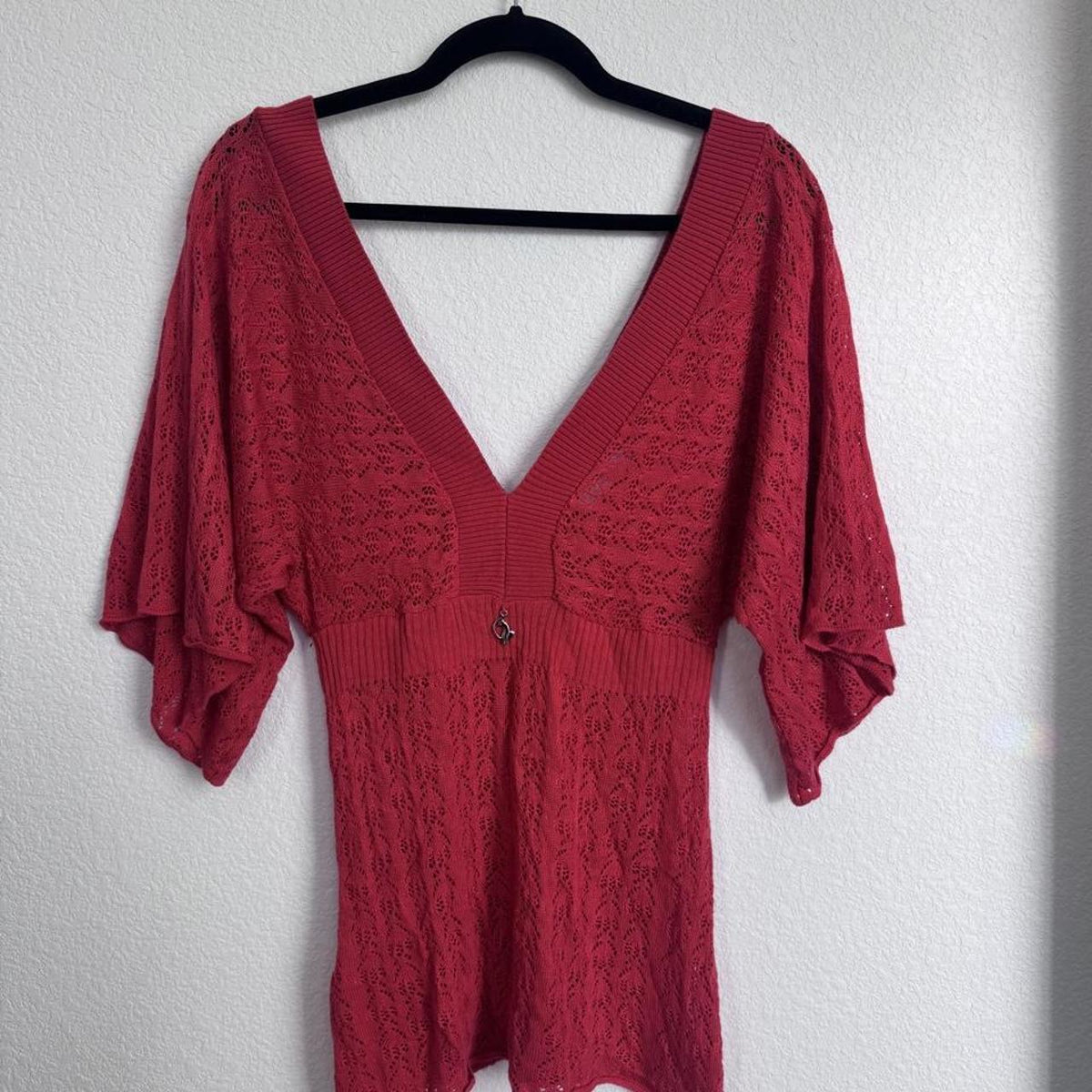Baby Phat red/pink crochet deep neck top with bell sleeves
