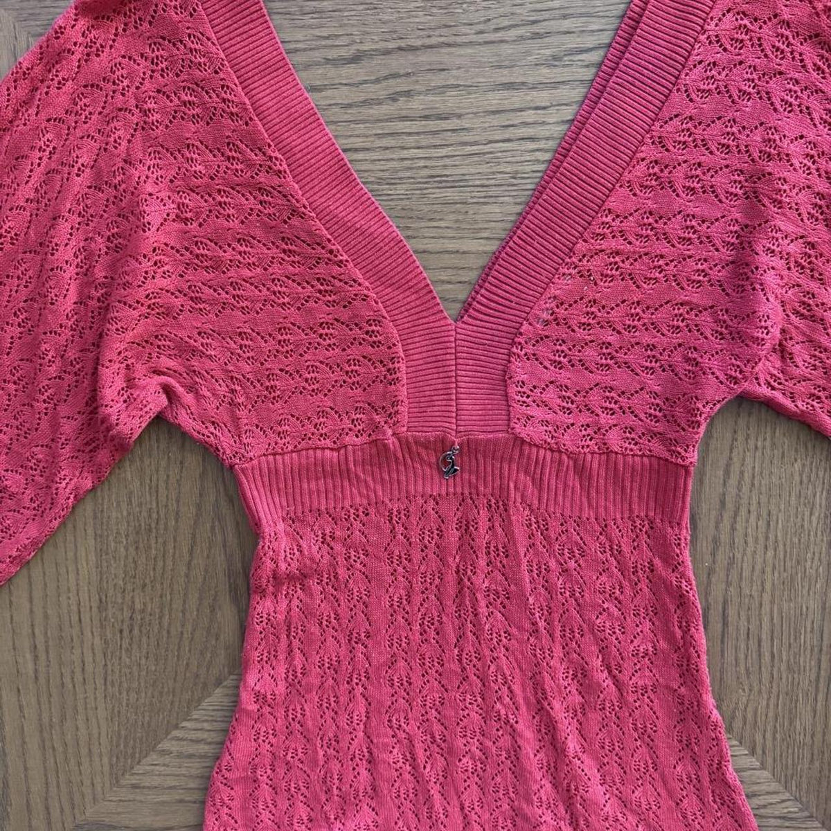 Baby Phat red/pink crochet deep neck top with bell sleeves