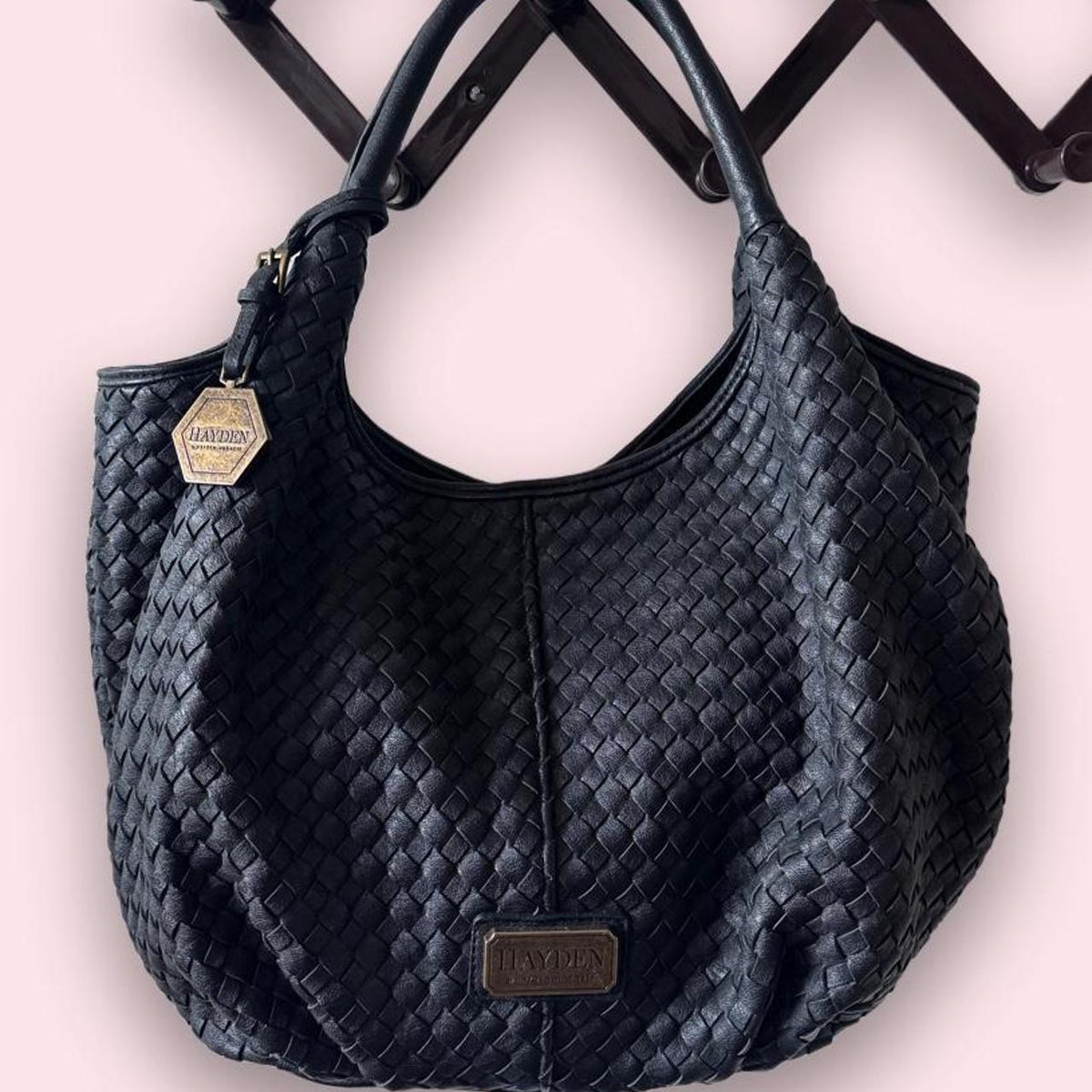 Hayden black faux leather woven bucket bag shoulder bag