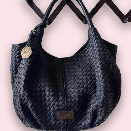 Hayden black faux leather woven bucket bag shoulder bag