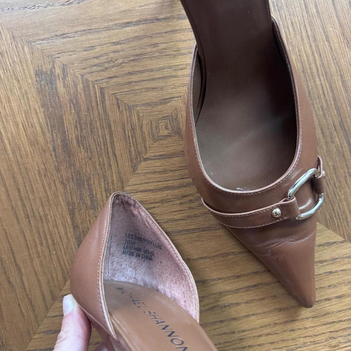 Michael Shannon brown leather pointed toe heels 10