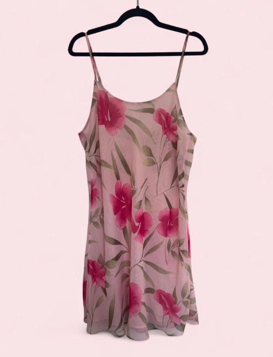 Vintage Valerie Stevens sheer pink floral slip L