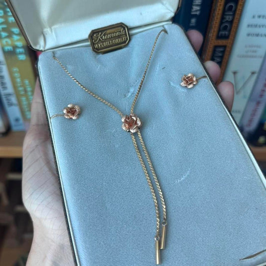 Vintage Krementz 14k gold overlay flower necklace an screw back earrings set