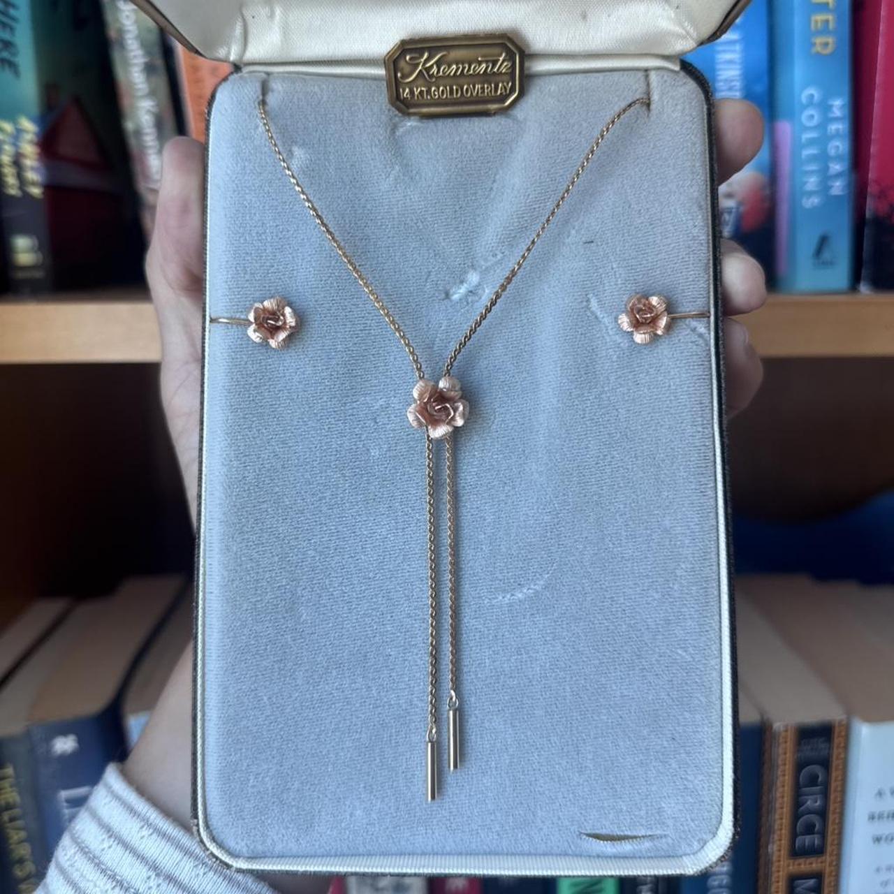 Vintage Krementz 14k gold overlay flower necklace an screw back earrings set