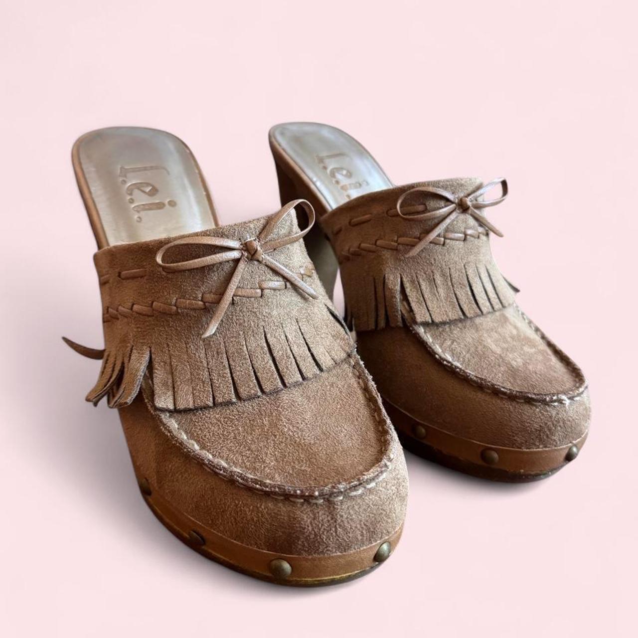 LEI suede fringe platform mule heels