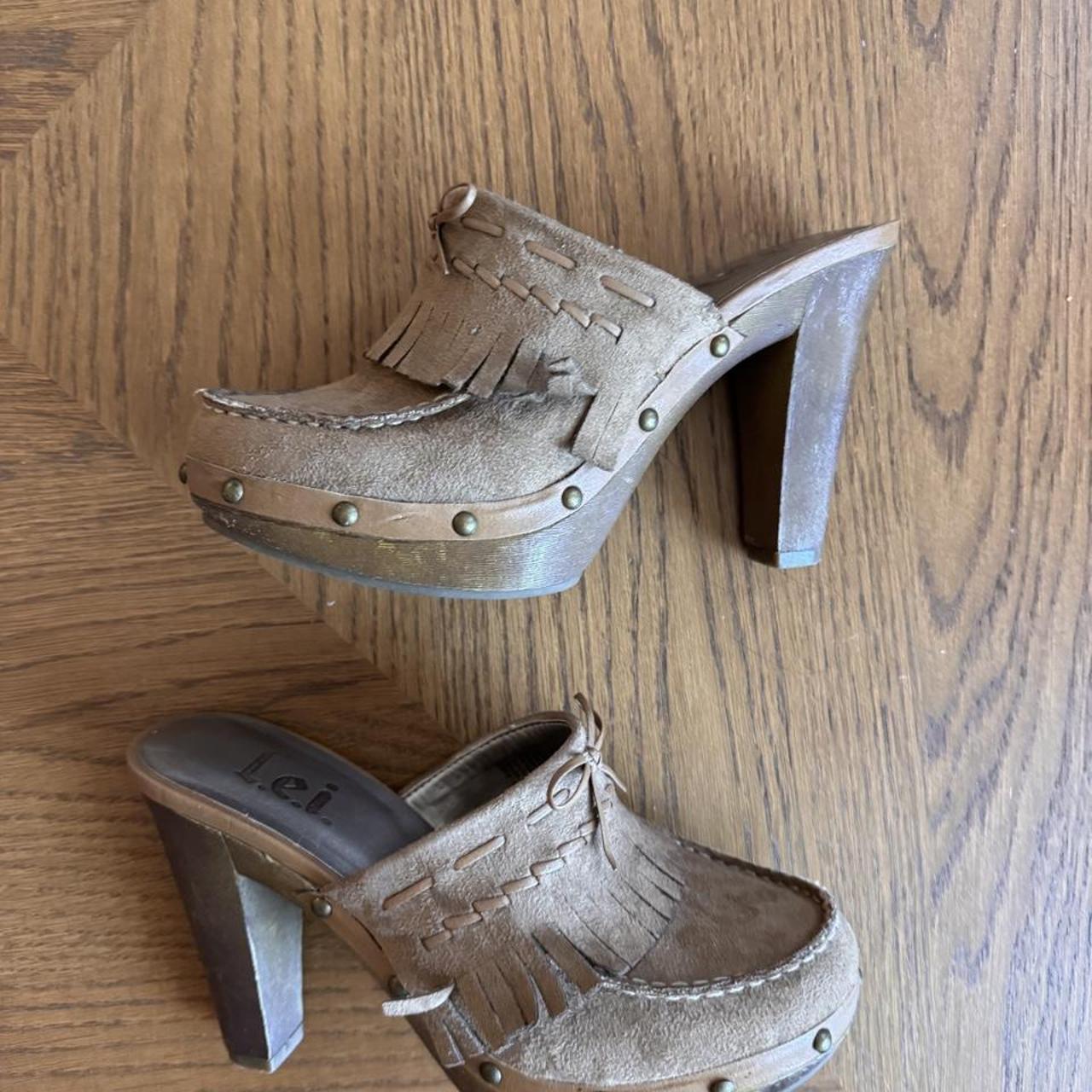 LEI suede fringe platform mule heels