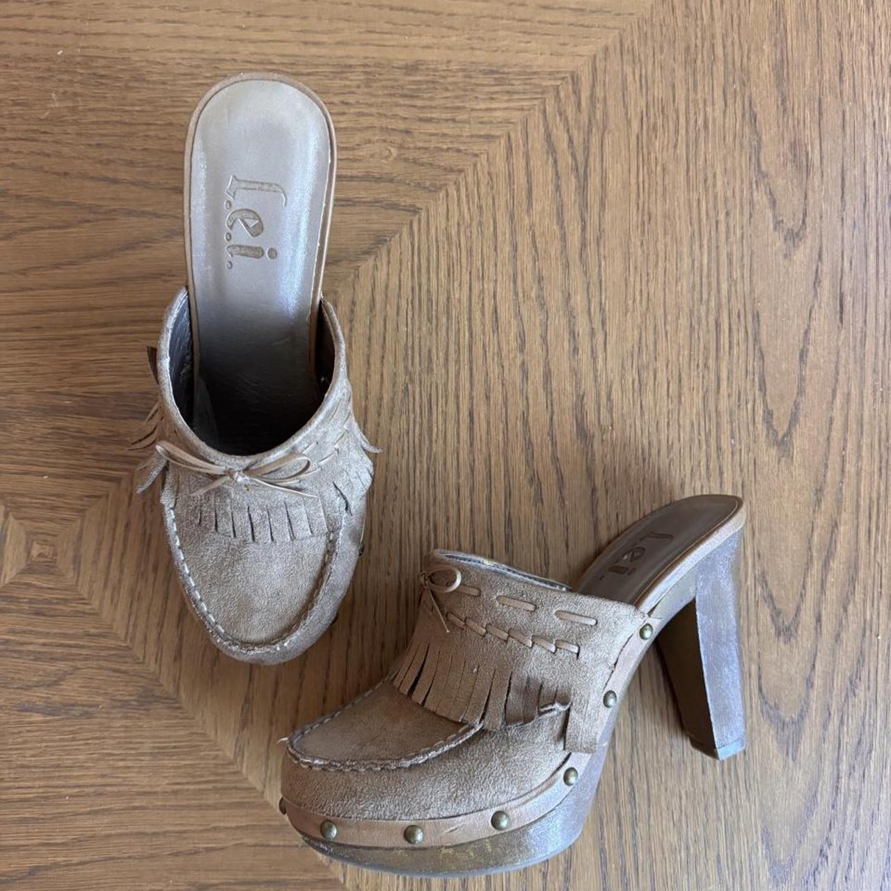 LEI suede fringe platform mule heels