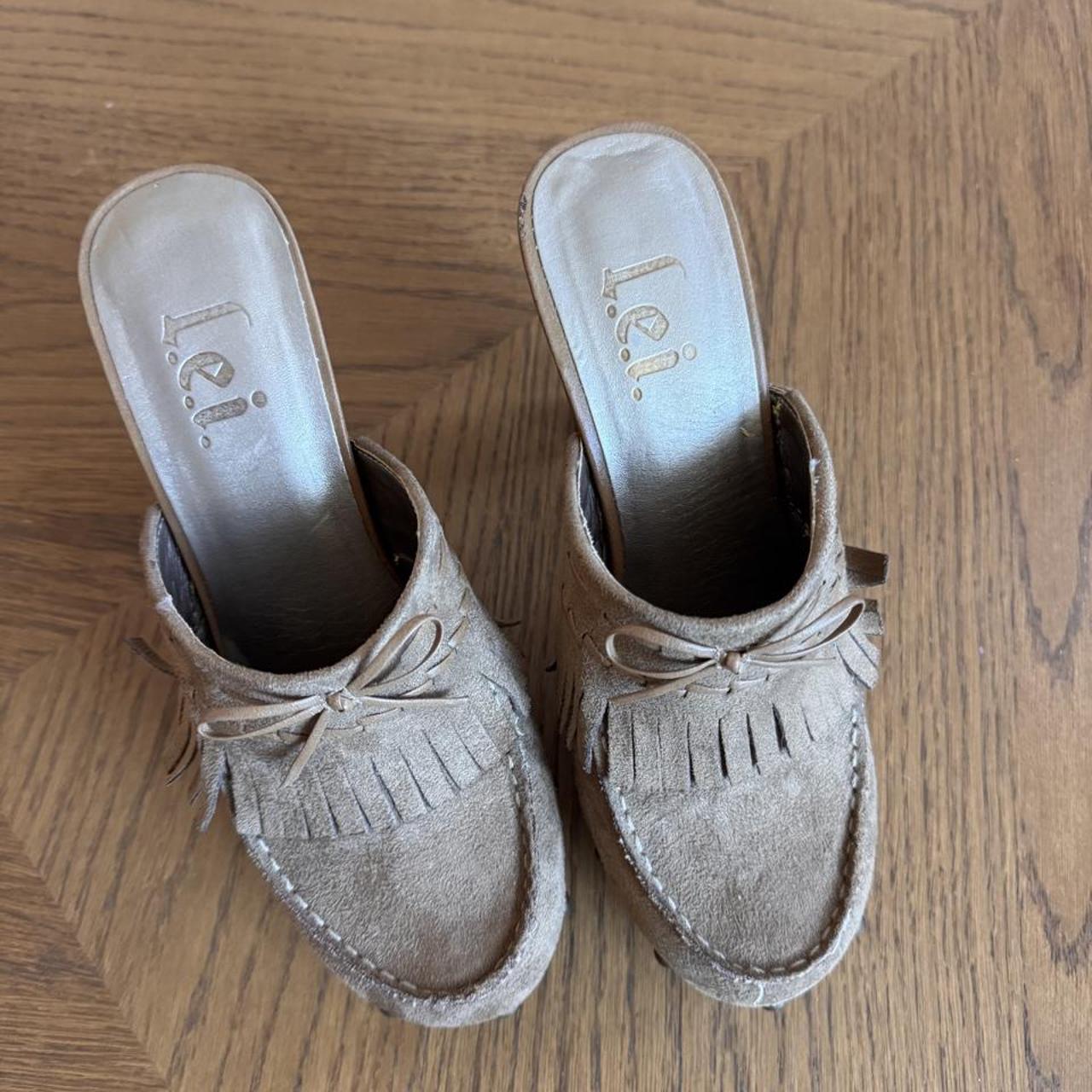 LEI suede fringe platform mule heels