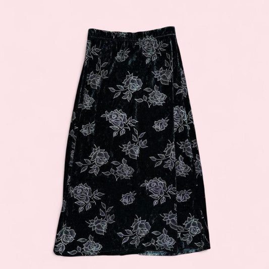 Vintage black velvet floral midi skirt