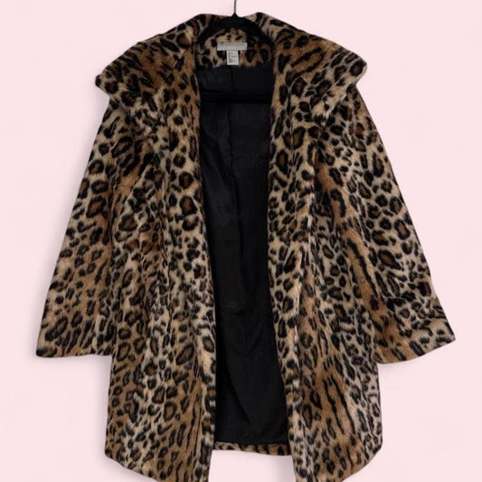 H&M leopard print faux fur coat xs
