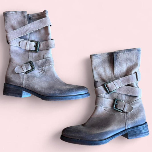 Santoni brown distressed leather double buckle moto boots