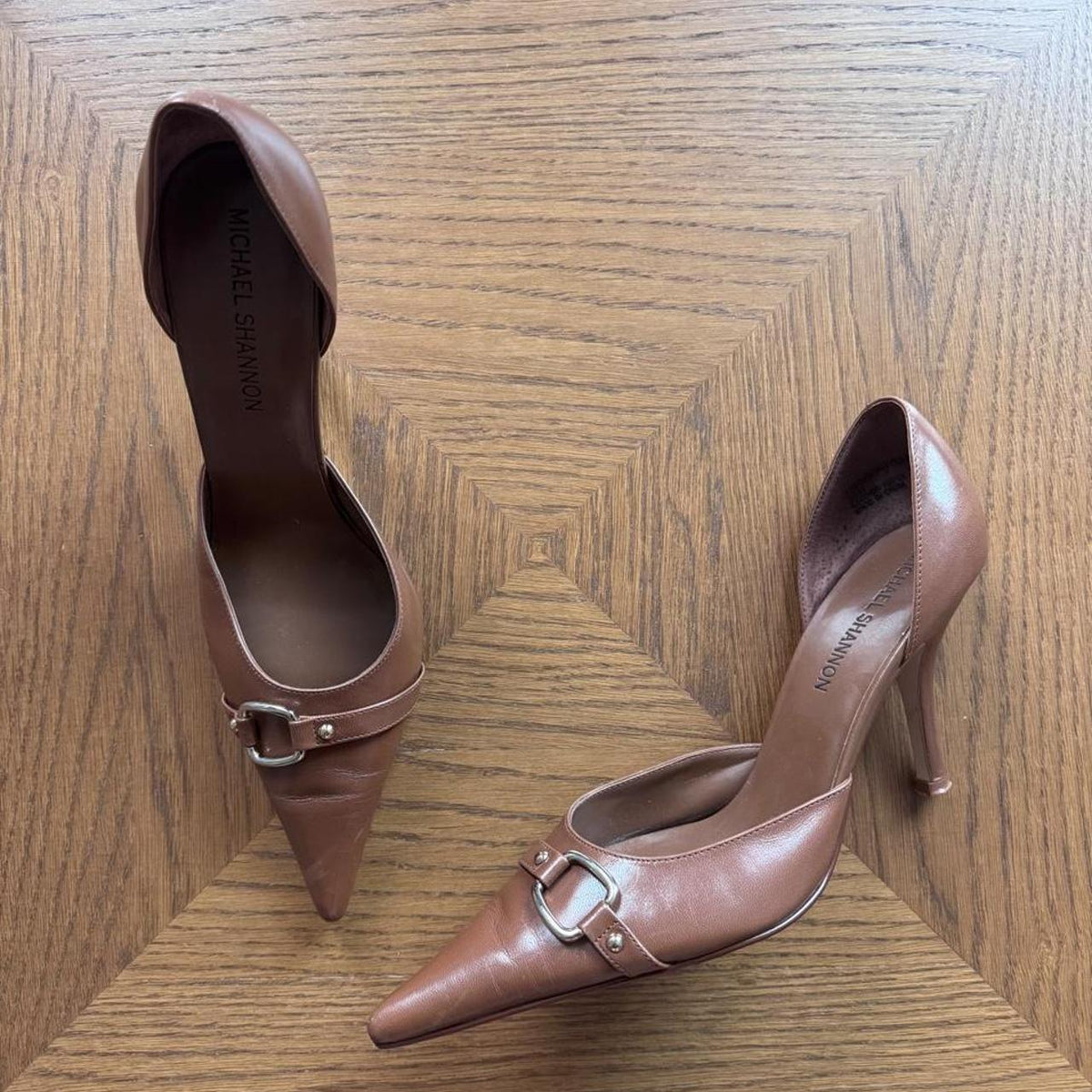 Michael Shannon brown leather pointed toe heels 10