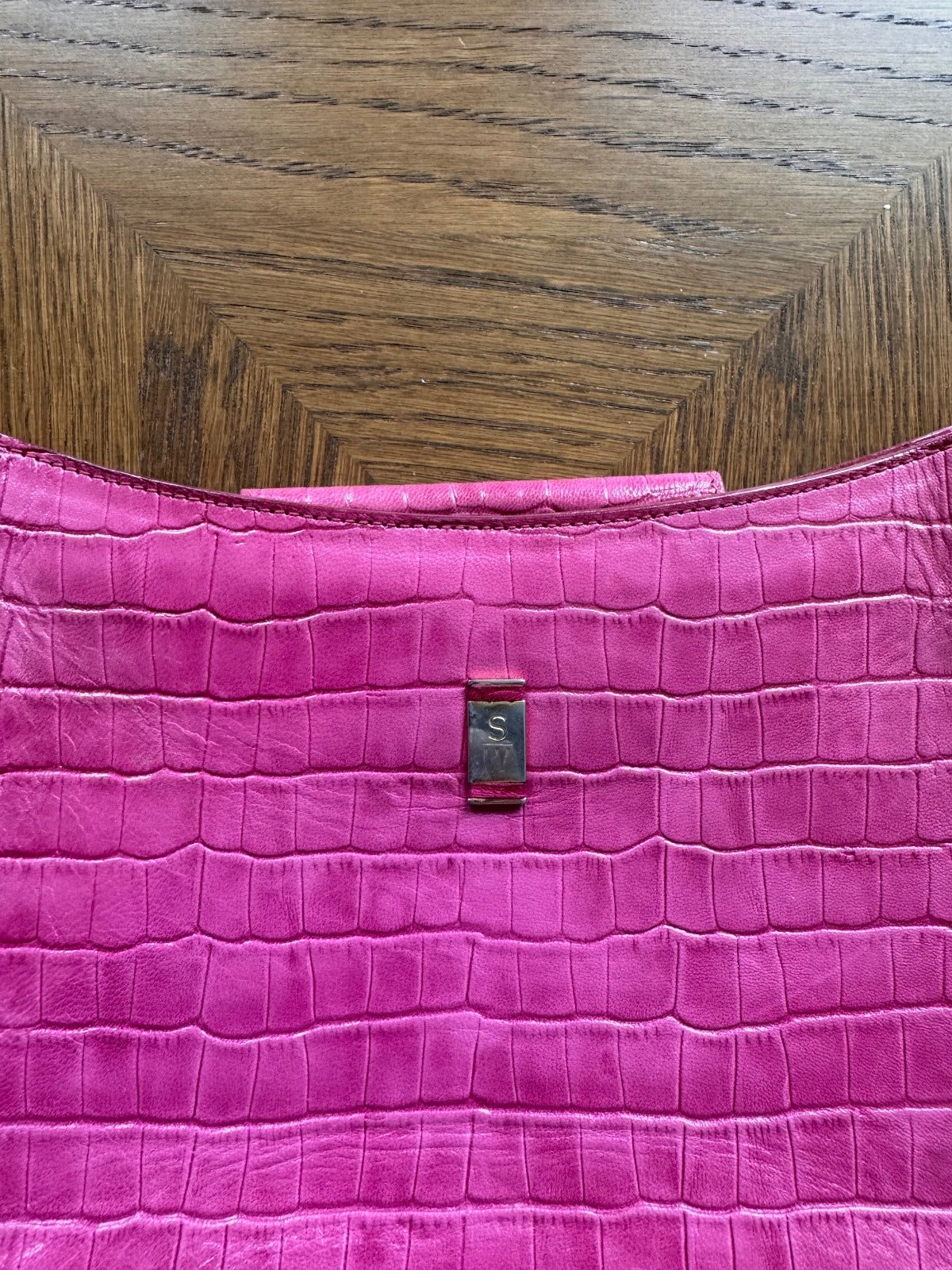 Stubbs and Wootton pink croc embossed handbag/clutch
