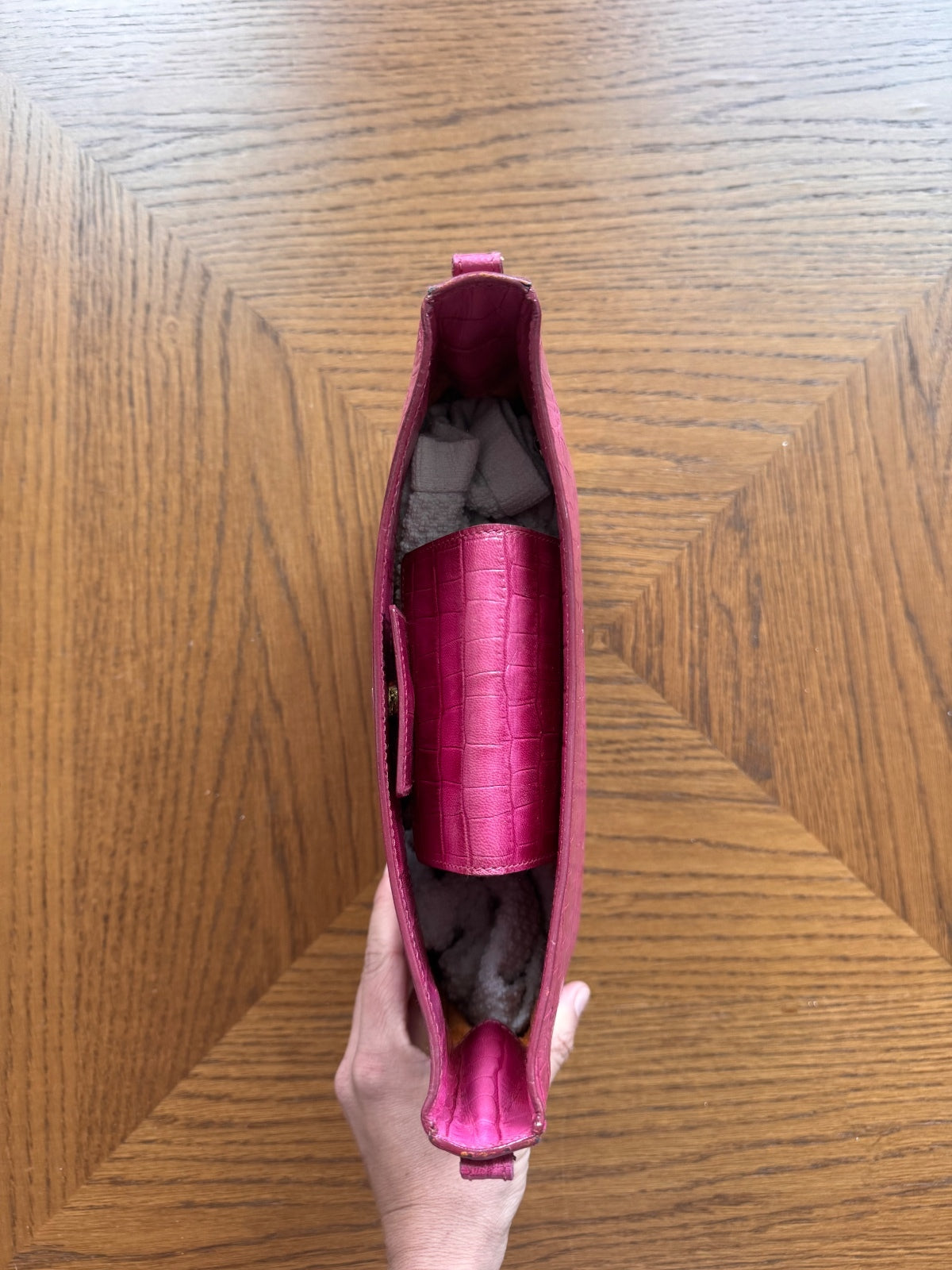 Stubbs and Wootton pink croc embossed handbag/clutch