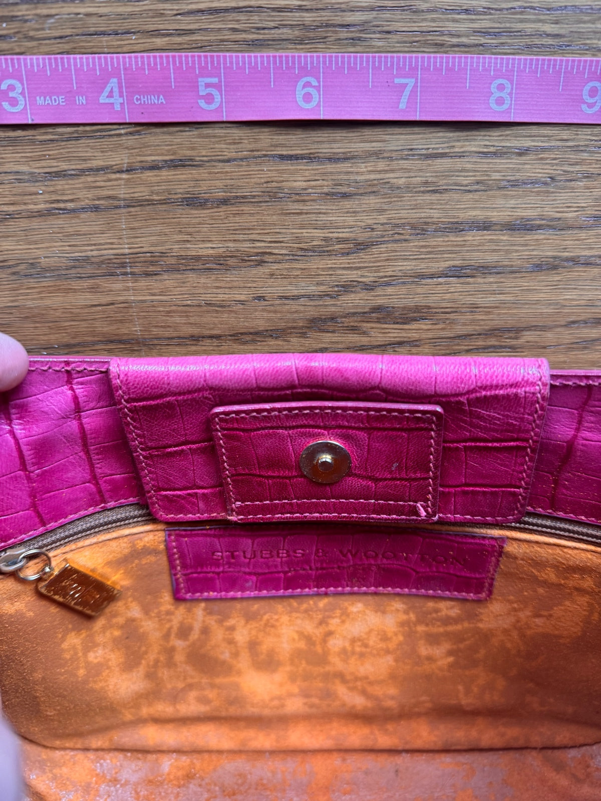 Stubbs and Wootton pink croc embossed handbag/clutch