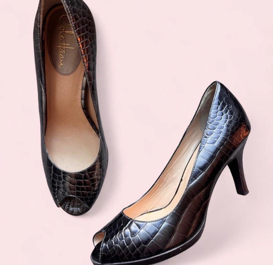 Cole Haan brown/gray croc-embossed peep toe pumps 8.5