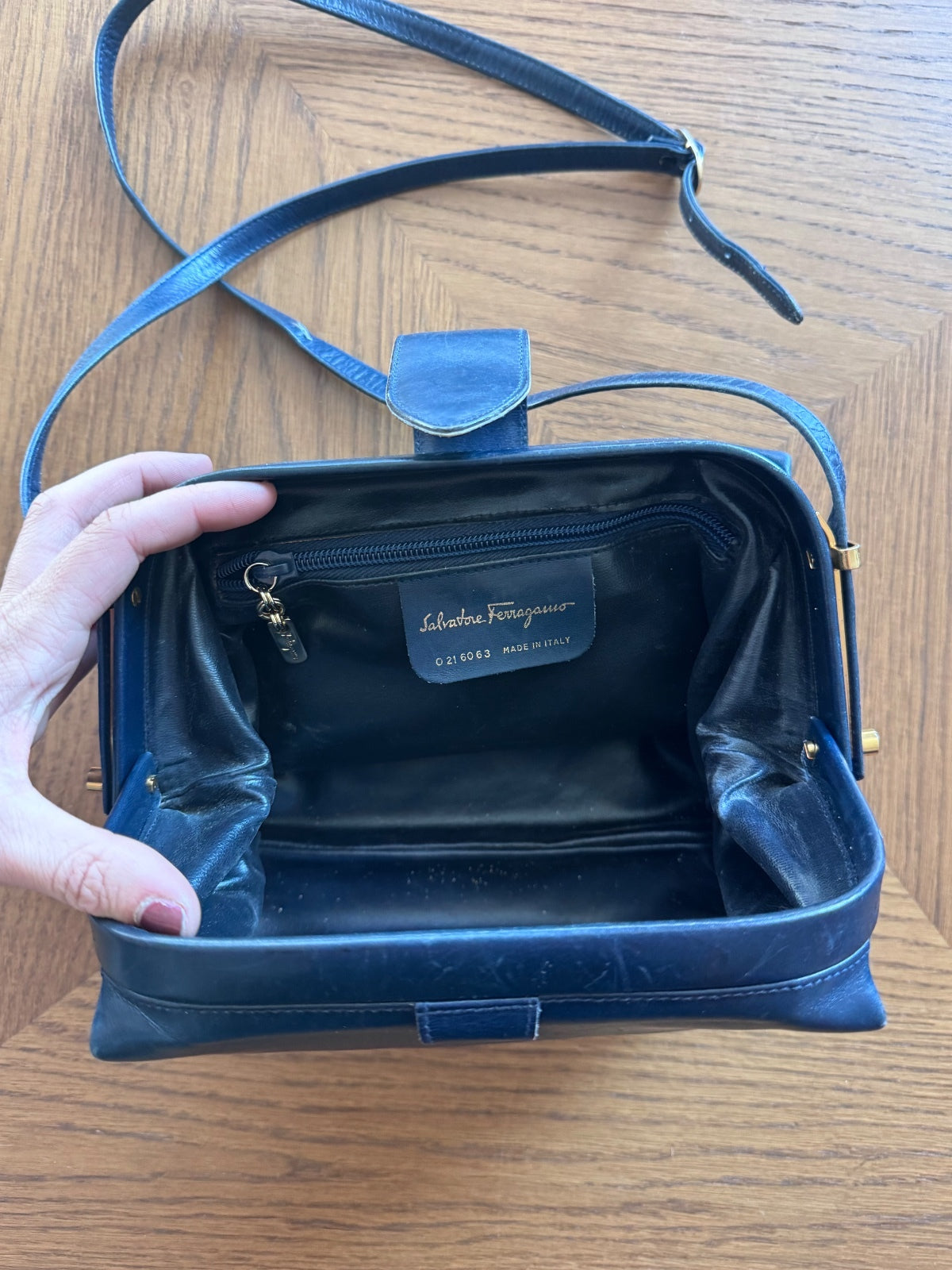 Vintage Salvatore Ferragamo navy leather shoulder bag
