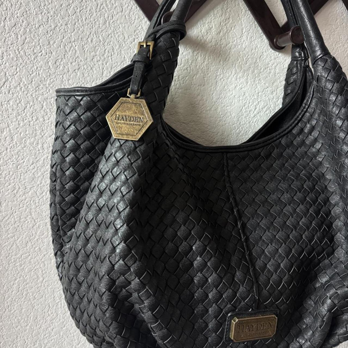 Hayden black faux leather woven bucket bag shoulder bag