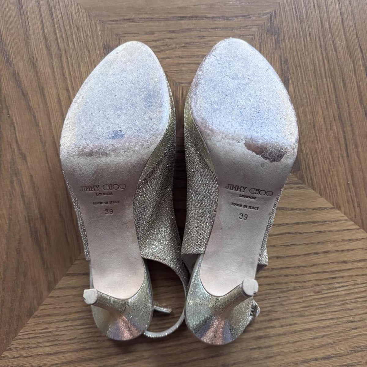 Jimmy Choo gold glitter open toe sling back heels 8.5